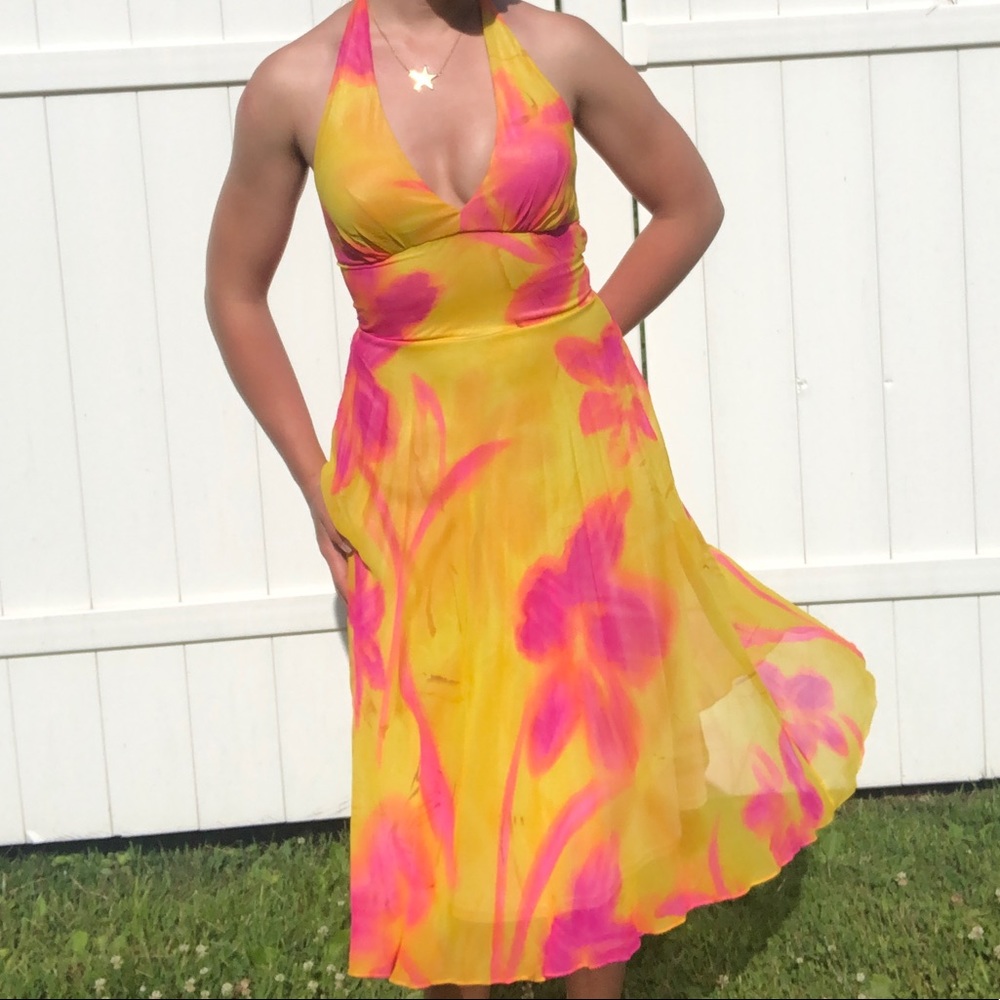 Summer floral halter dress, lace up back